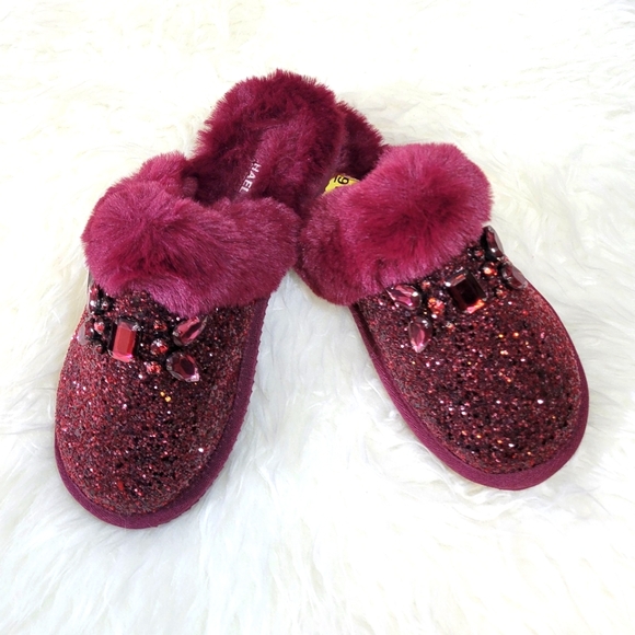 NEW Michael Kors "Taj" Jeweled Glitter Faux Fur Mule Slippers Lounge Burgundy 9 - Picture 4 of 9